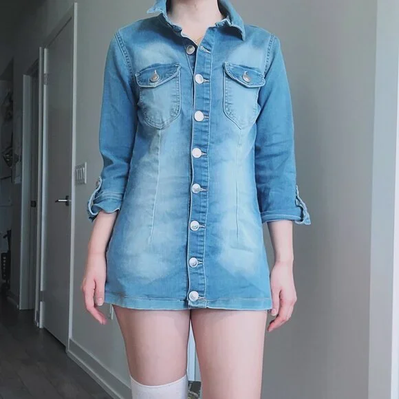 Denim Mini Bodycon Dress 3/4 Sleeve - Picture 2 of 6